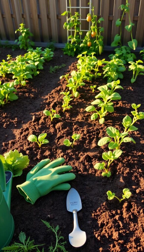A neatly organized vegetable garden with a simple setup, showcasing a well-tilled soil bed with rows of freshly planted seedlings and young plants. The scene is bathed in warm, golden afternoon light, casting soft shadows and highlighting the vibrant green foliage. In the foreground, a pair of gardening gloves and a small trowel lie beside a watering can, creating a sense of an effortless, hands-on approach. The middle ground features a variety of leafy greens, such as lettuce, kale, and spinach, interspersed with trailing vines of tomatoes and zucchini. In the background, a wooden fence or trellis provides structure and a sense of enclosure, creating a cozy, self-contained gardening space. A neatly organized vegetable garden with a simple setup, showcasing a well-tilled soil bed with rows of freshly planted seedlings and young plants. The scene is bathed in warm, golden afternoon light, casting soft shadows and highlighting the vibrant green foliage. In the foreground, a pair of gardening gloves and a small trowel lie beside a watering can, creating a sense of an effortless, hands-on approach. The middle ground features a variety of leafy greens, such as lettuce, kale, and spinach, interspersed with trailing vines of tomatoes and zucchini. In the background, a wooden fence or trellis provides structure and a sense of enclosure, creating a cozy, self-contained gardening space.