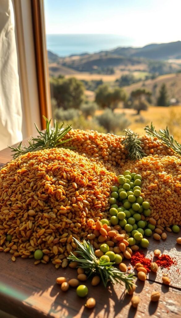 A nourishing tableau showcasing the vibrant staples of the Mediterranean diet - whole grains and legumes. In the foreground, a bountiful arrangement of hearty brown rice, earthy lentils, and vibrant green chickpeas, artfully arranged on a rustic wooden table. Dappled sunlight filters through a window, casting a warm glow over the scene. In the middle ground, a scatter of fragrant herbs and spices - rosemary, thyme, and paprika - adding depth and complexity. The background features a panoramic view of a sun-drenched Mediterranean landscape, with rolling hills, olive groves, and the distant shimmer of the azure sea. The overall mood is one of abundance, vitality, and the celebration of wholesome, plant-based nourishment.