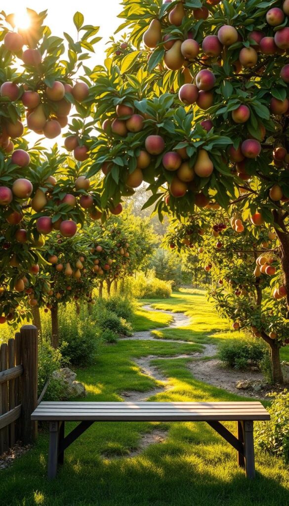 A peaceful backyard fruit orchard, bathed in warm, golden sunlight. A picturesque scene of lush, bountiful trees bearing a variety of ripe, colorful fruits - apples, pears, peaches, and cherries. The orchard is framed by a rustic wooden fence, with a meandering path leading through the center. Soft, diffused light filters through the canopy, creating a serene, inviting atmosphere. In the foreground, a wooden bench offers a perfect spot to sit and admire the bounty. The overall composition is balanced, with the trees and fruits taking center stage, showcasing the ideal location for a thriving fruit garden. A peaceful backyard fruit orchard, bathed in warm, golden sunlight. A picturesque scene of lush, bountiful trees bearing a variety of ripe, colorful fruits - apples, pears, peaches, and cherries. The orchard is framed by a rustic wooden fence, with a meandering path leading through the center. Soft, diffused light filters through the canopy, creating a serene, inviting atmosphere. In the foreground, a wooden bench offers a perfect spot to sit and admire the bounty. The overall composition is balanced, with the trees and fruits taking center stage, showcasing the ideal location for a thriving fruit garden.