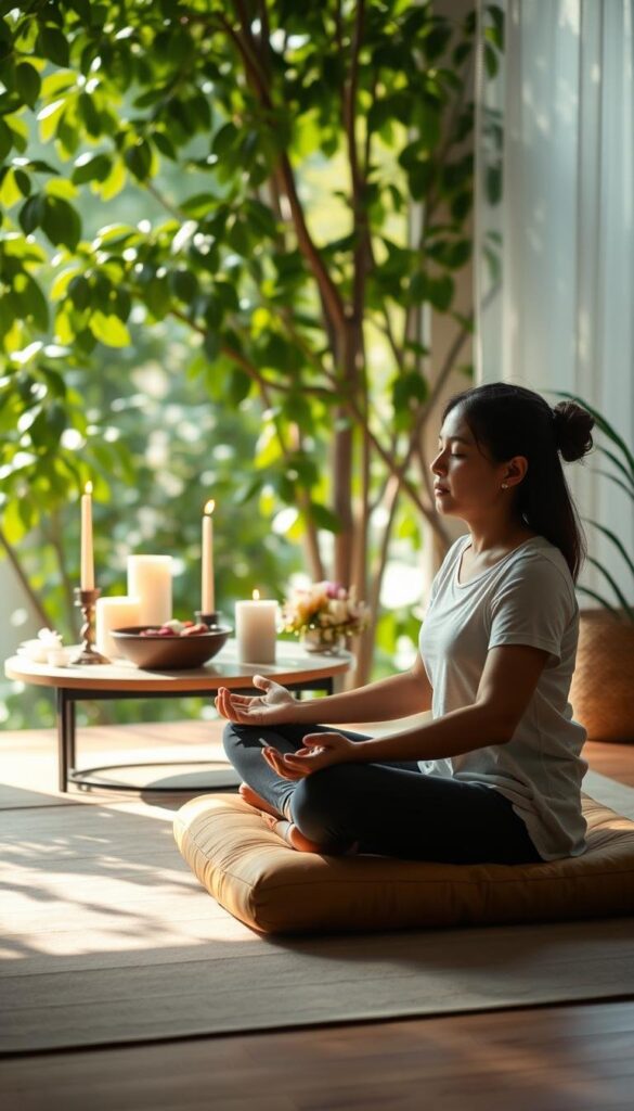 A peaceful morning scene of a person sitting cross-legged on a wooden meditation cushion, surrounded by lush greenery and natural light filtering through the leaves. The person's eyes are closed, hands resting on their lap, exuding a sense of calm and inner focus. In the background, a small table holds candles, incense, and a bowl of fresh flowers, creating a serene and contemplative atmosphere. The lighting is soft and diffused, with warm tones enhancing the meditative mood. The camera angle is slightly elevated, giving the viewer a sense of tranquility and seclusion, as if observing a private moment of spiritual practice.