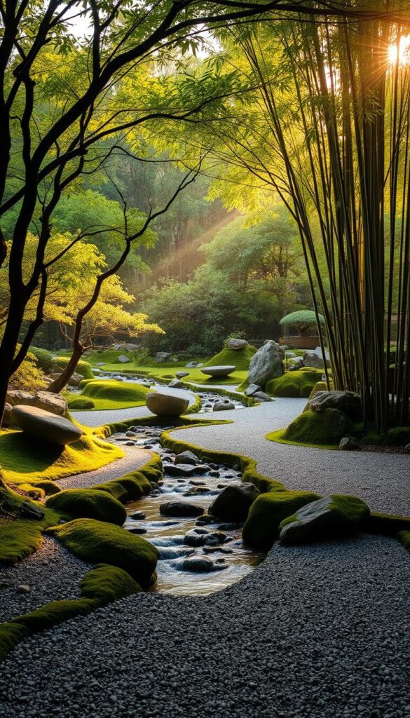 A peaceful zen garden nestled in a tranquil woodland haven. A gently flowing stream meanders through a lush, verdant landscape, its banks dotted with carefully placed stones and mossy boulders. Raked gravel paths lead to a central meditation area framed by ancient bonsai trees and bamboo thickets, their leaves gently rustling in the soft breeze. Warm, diffused sunlight filters through the canopy, casting a golden glow and creating an atmosphere of serene contemplation. The overall scene radiates a sense of harmony, balance, and stillness, inviting the viewer to pause, reflect, and find inner peace. A peaceful zen garden nestled in a tranquil woodland haven. A gently flowing stream meanders through a lush, verdant landscape, its banks dotted with carefully placed stones and mossy boulders. Raked gravel paths lead to a central meditation area framed by ancient bonsai trees and bamboo thickets, their leaves gently rustling in the soft breeze. Warm, diffused sunlight filters through the canopy, casting a golden glow and creating an atmosphere of serene contemplation. The overall scene radiates a sense of harmony, balance, and stillness, inviting the viewer to pause, reflect, and find inner peace.