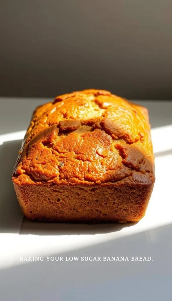 A perfectly baked loaf of air fryer banana bread, its golden-brown crust glistening under soft, directional lighting. The bread's texture is moist and tender, with visible flecks of banana throughout. The loaf is positioned on a clean, white surface, casting subtle shadows that accentuate its form. The camera captures the scene from a slightly elevated angle, showcasing the bread's appealing, homemade appearance. The overall mood is warm, inviting, and appetizing, perfectly suited to illustrate the "Baking Your Low Sugar Banana Bread" section of the article. A perfectly baked loaf of air fryer banana bread, its golden-brown crust glistening under soft, directional lighting. The bread's texture is moist and tender, with visible flecks of banana throughout. The loaf is positioned on a clean, white surface, casting subtle shadows that accentuate its form. The camera captures the scene from a slightly elevated angle, showcasing the bread's appealing, homemade appearance. The overall mood is warm, inviting, and appetizing, perfectly suited to illustrate the "Baking Your Low Sugar Banana Bread" section of the article.