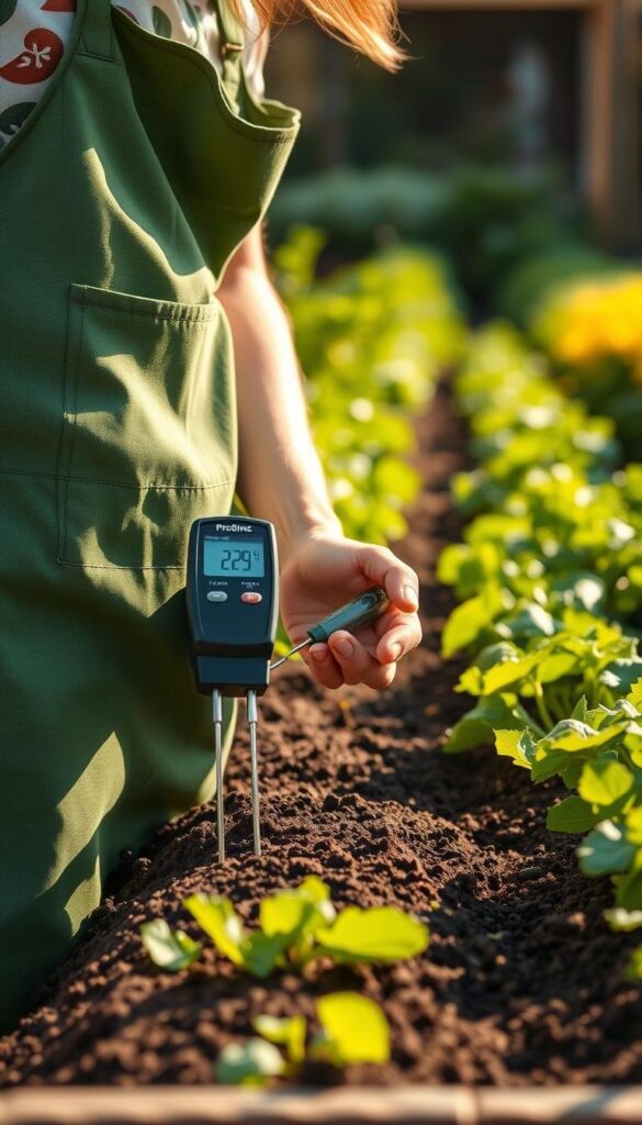 A person in a green gardening apron carefully testing soil pH using a digital meter in a well-lit vegetable garden. The background features rows of healthy organic vegetables, with lush greenery and vibrant colors. Warm sunlight filters through the scene, creating a natural, earthy atmosphere. The focus is on the detailed hand-held testing process, showcasing the importance of soil health for successful organic farming. A person in a green gardening apron carefully testing soil pH using a digital meter in a well-lit vegetable garden. The background features rows of healthy organic vegetables, with lush greenery and vibrant colors. Warm sunlight filters through the scene, creating a natural, earthy atmosphere. The focus is on the detailed hand-held testing process, showcasing the importance of soil health for successful organic farming.