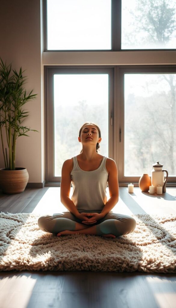 A person sitting cross-legged on a plush rug, their eyes closed in serene concentration, the morning sunlight filtering through a large window casting a warm glow on their face. Surrounding them, a tranquil meditation space with minimalist decor - a bamboo plant, a small water fountain, and a few candles flickering softly. The atmosphere is one of stillness and introspection, inviting the viewer to pause and reflect.