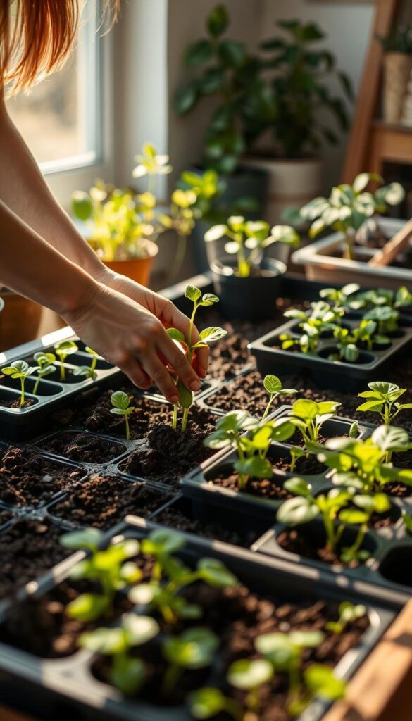 A person transplanting seedlings into a raised garden bed at home. Soft morning light filters through the window, casting a warm glow on the scene. The gardener's hands tenderly place young vegetable plants into the rich, dark soil, their leaves vibrant green. Trays of additional seedlings wait nearby, ready to be added to the bed. In the background, glimpses of potted plants and gardening tools create a cozy, homely atmosphere. The focus is on the delicate process of transferring the fragile seedlings from their containers to their new home in the garden, nurturing the growth of a bountiful homegrown harvest. A person transplanting seedlings into a raised garden bed at home. Soft morning light filters through the window, casting a warm glow on the scene. The gardener's hands tenderly place young vegetable plants into the rich, dark soil, their leaves vibrant green. Trays of additional seedlings wait nearby, ready to be added to the bed. In the background, glimpses of potted plants and gardening tools create a cozy, homely atmosphere. The focus is on the delicate process of transferring the fragile seedlings from their containers to their new home in the garden, nurturing the growth of a bountiful homegrown harvest.