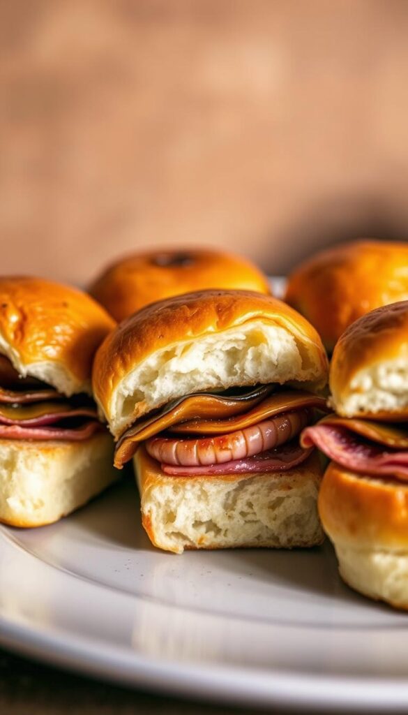 A plate of freshly baked fig ham sliders, their golden-brown brioche buns glistening under soft, warm lighting. The sliders are neatly arranged, revealing their cross-section - the sweet, caramelized figs nestled between thin slices of savory, salty ham. The background is a muted, earthy tone, allowing the vibrant colors of the sliders to take center stage. A shallow depth of field draws the viewer's attention to the delicate details, such as the flecks of black pepper and the gentle char on the edges of the ham. The overall scene evokes a cozy, inviting atmosphere, perfect for showcasing the baking and warming techniques that bring these delectable fig ham sliders to life.