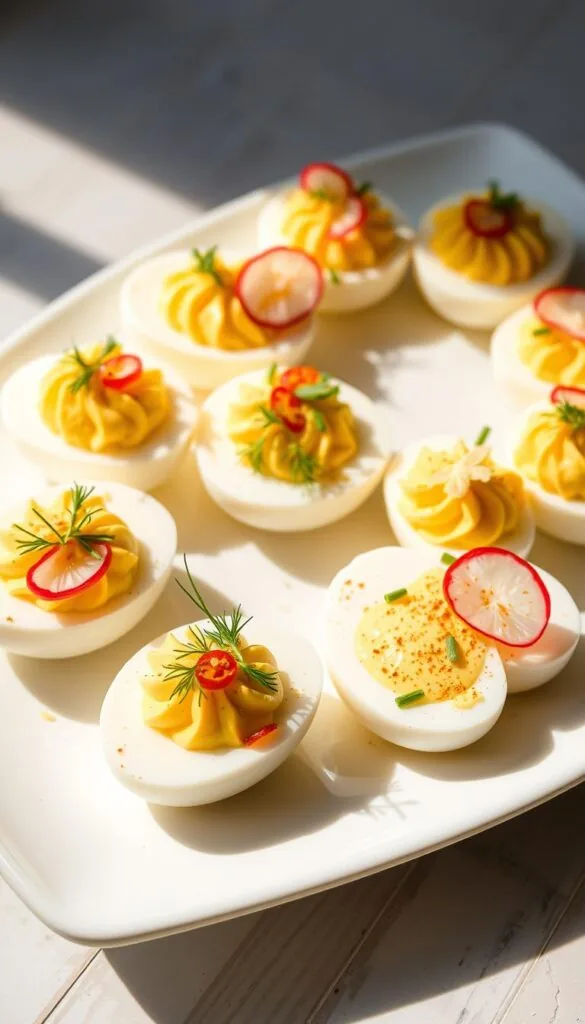 A plate of freshly prepared deviled eggs, garnished with a vibrant array of toppings. The eggs, halved and filled with a creamy, seasoned yolk mixture, are arranged neatly on a crisp, white serving dish. Atop each egg, delicate sprigs of dill, a dusting of paprika, and thin slices of radish or chives add pops of color and texture, creating a visually appealing and appetizing presentation. The lighting is soft and natural, casting gentle shadows that highlight the tactile quality of the dish. The overall mood is one of culinary elegance and attention to detail, inviting the viewer to imagine the satisfying, zesty flavors of these gourmet deviled eggs.