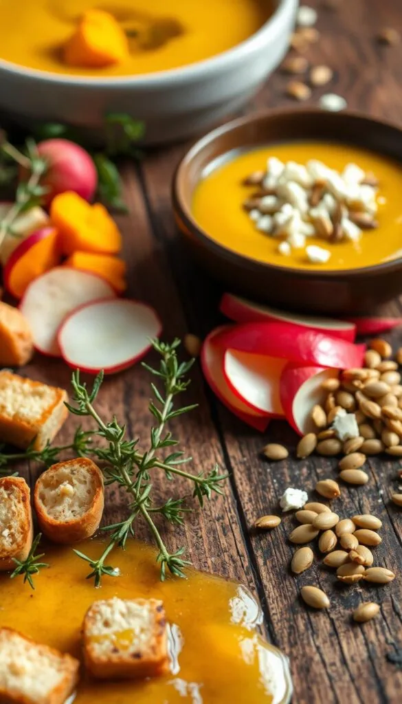 A richly textured scene of assorted garnishes for a roasted butternut squash and apple soup, artfully arranged on a rustic wooden surface. In the foreground, delicate sprigs of fresh thyme, crisp croutons, and a drizzle of fragrant pumpkin seed oil create visual interest. The middle ground features thinly sliced radish and apple slices, their vibrant colors popping against the creamy soup base. In the background, a scattering of toasted pumpkin seeds and a sprinkle of crumbled feta cheese add layers of flavor and texture. Warm, natural lighting casts a cozy glow over the scene, evoking a sense of homemade comfort and culinary creativity.