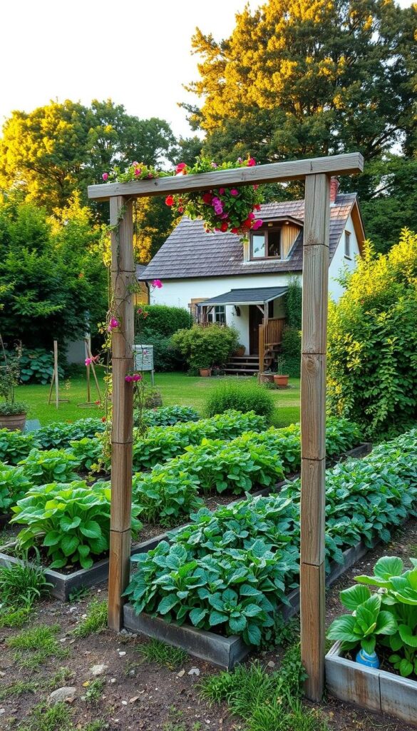 A rustic, DIY garden trellis stands in the foreground, its weathered wooden frame supporting a lush display of climbing vines and vibrant flowers. The middle ground features a well-tended vegetable garden, with neatly arranged rows of leafy greens and vibrant produce. In the background, a charming country cottage nestles among verdant foliage, bathed in warm, golden sunlight that filters through the trees. The overall scene conveys a sense of harmony, creativity, and a life in touch with nature. The image is captured with a wide-angle lens, allowing for a panoramic view that showcases the garden's depth and inviting atmosphere. A rustic, DIY garden trellis stands in the foreground, its weathered wooden frame supporting a lush display of climbing vines and vibrant flowers. The middle ground features a well-tended vegetable garden, with neatly arranged rows of leafy greens and vibrant produce. In the background, a charming country cottage nestles among verdant foliage, bathed in warm, golden sunlight that filters through the trees. The overall scene conveys a sense of harmony, creativity, and a life in touch with nature. The image is captured with a wide-angle lens, allowing for a panoramic view that showcases the garden's depth and inviting atmosphere.