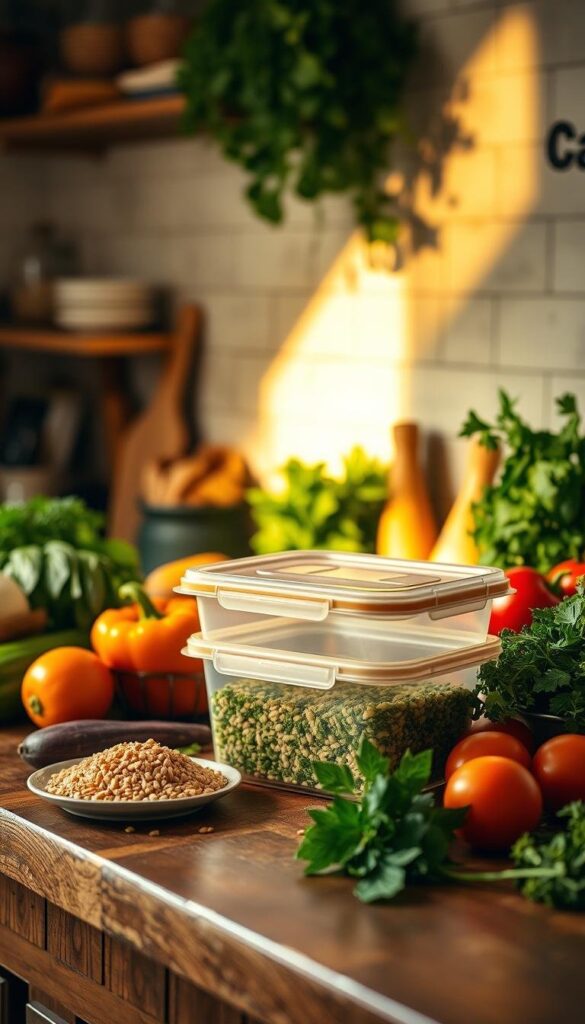 A rustic kitchen counter filled with a variety of fresh, locally-sourced ingredients: seasonal vegetables, herbs, whole grains, and a reusable meal prep container. A single beam of warm, natural light illuminates the scene, casting a soft, inviting glow. The composition is balanced, with the meal prep container positioned as the focal point, surrounded by the vibrant, earthy tones of the ingredients. The atmosphere is one of simplicity, sustainability, and mindful, nourishing food preparation.