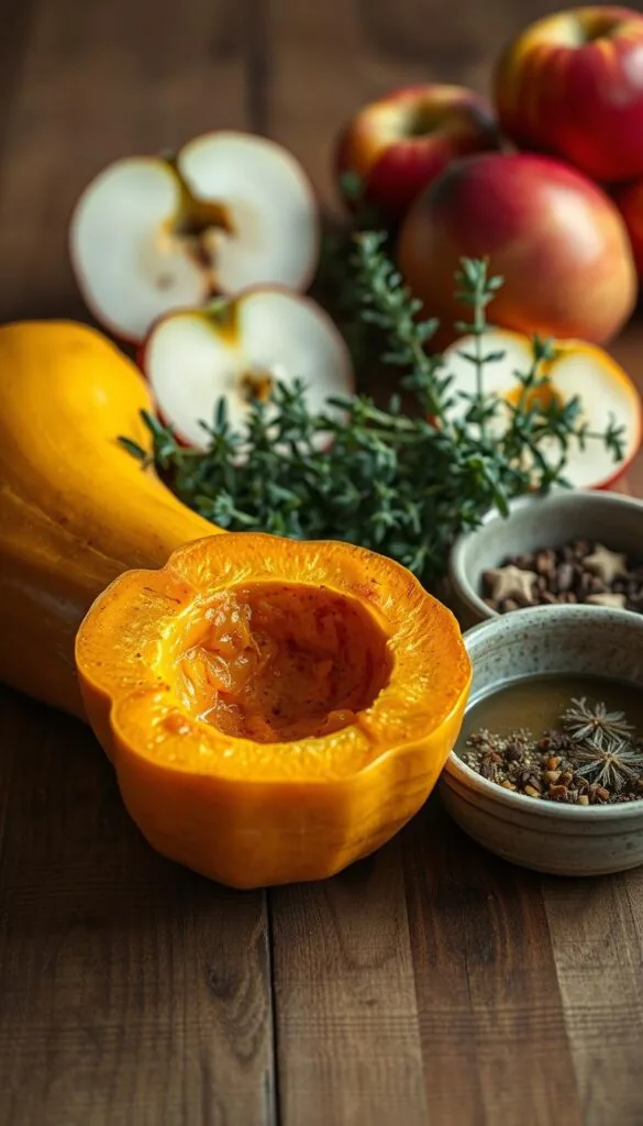 A rustic still life of oven-roasted soup ingredients on a wooden table. In the foreground, a golden butternut squash, its caramelized surface reflecting the warm kitchen light. Alongside, sliced apples, their crimson skin glistening. In the middle ground, a bundle of fresh thyme, its earthy aroma wafting through the air. A ceramic bowl filled with aromatic herbs and spices completes the scene, hinting at the flavorful soup to come. The natural textures and muted tones create a cozy, homemade atmosphere, inviting the viewer to imagine the comforting meal ahead.
