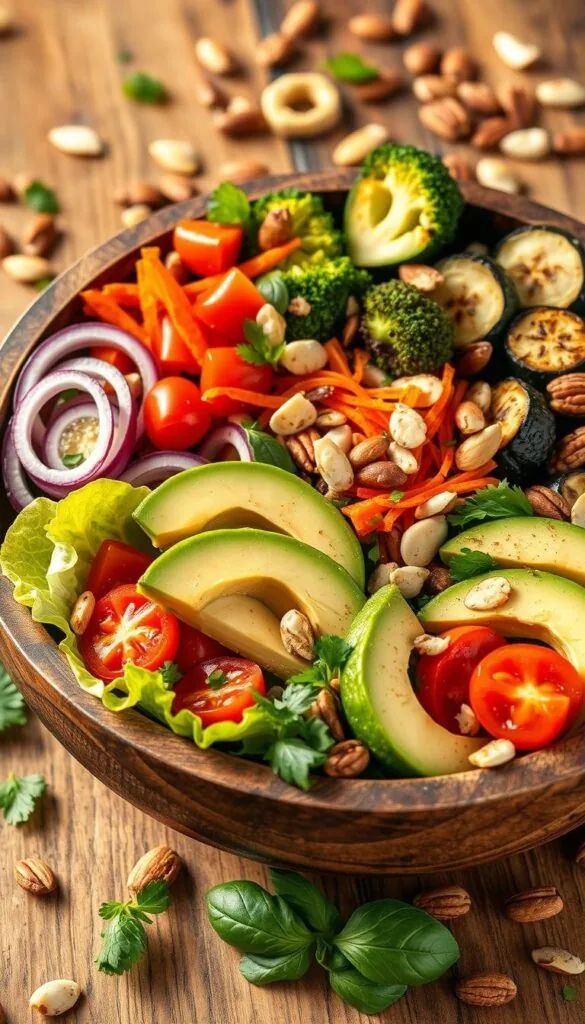 A rustic wooden bowl filled with an array of vibrant keto-friendly salad ingredients. In the foreground, crisp romaine lettuce leaves, juicy cherry tomatoes, and creamy avocado slices. Scattered throughout, pops of color from sliced red onion, julienned carrots, and fresh herbs like parsley and basil. The middle ground features hearty vegetables like steamed broccoli florets and grilled zucchini coins. In the background, a sprinkle of toasted nuts and seeds, including almonds, pecans, and sunflower seeds, add a satisfying crunch. Soft, natural lighting casts a warm glow over the scene, highlighting the freshness and texture of the ingredients. The composition is balanced and inviting, capturing the essence of a nourishing, keto-friendly salad.