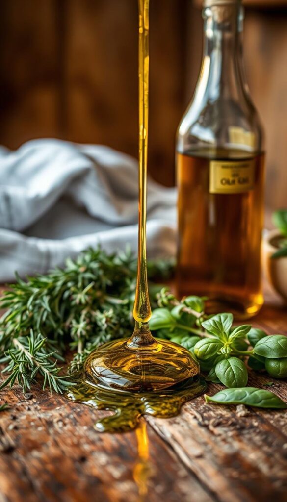 A rustic wooden table, a drizzle of golden olive oil glistening on a bed of fresh Mediterranean herbs - rosemary, thyme, oregano, and basil. The warm, inviting lighting casts a soft glow, highlighting the vibrant colors and textures of the ingredients. A vintage glass bottle of olive oil stands nearby, its label hinting at the rich, flavorful contents within. The scene evokes the essence of the Mediterranean kitchen, ready to inspire and delight the senses with the promise of delicious, authentic dishes. A rustic wooden table, a drizzle of golden olive oil glistening on a bed of fresh Mediterranean herbs - rosemary, thyme, oregano, and basil. The warm, inviting lighting casts a soft glow, highlighting the vibrant colors and textures of the ingredients. A vintage glass bottle of olive oil stands nearby, its label hinting at the rich, flavorful contents within. The scene evokes the essence of the Mediterranean kitchen, ready to inspire and delight the senses with the promise of delicious, authentic dishes.