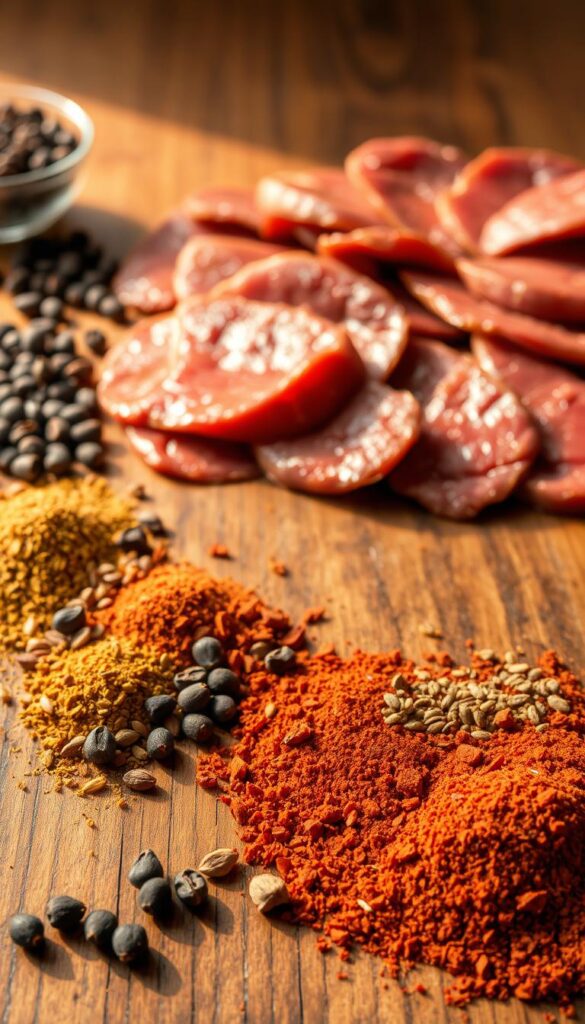 A rustic wooden table is adorned with an assortment of savory spices, perfect for crafting the ultimate beef jerky. In the foreground, an array of whole and ground spices such as black peppercorns, coriander seeds, smoked paprika, and crushed red pepper flakes. In the middle ground, slices of lean beef marinated in a blend of these aromatic seasonings, ready to be dehydrated into flavorful jerky. The lighting is warm and natural, casting a golden glow over the scene, evoking the comforting atmosphere of a well-stocked spice cabinet. The angle is slightly elevated, providing a bird's-eye view of the ingredients, highlighting their textures and rich colors. The overall mood is one of culinary craftsmanship and the promise of a savory, satisfying snack. A rustic wooden table is adorned with an assortment of savory spices, perfect for crafting the ultimate beef jerky. In the foreground, an array of whole and ground spices such as black peppercorns, coriander seeds, smoked paprika, and crushed red pepper flakes. In the middle ground, slices of lean beef marinated in a blend of these aromatic seasonings, ready to be dehydrated into flavorful jerky. The lighting is warm and natural, casting a golden glow over the scene, evoking the comforting atmosphere of a well-stocked spice cabinet. The angle is slightly elevated, providing a bird's-eye view of the ingredients, highlighting their textures and rich colors. The overall mood is one of culinary craftsmanship and the promise of a savory, satisfying snack.