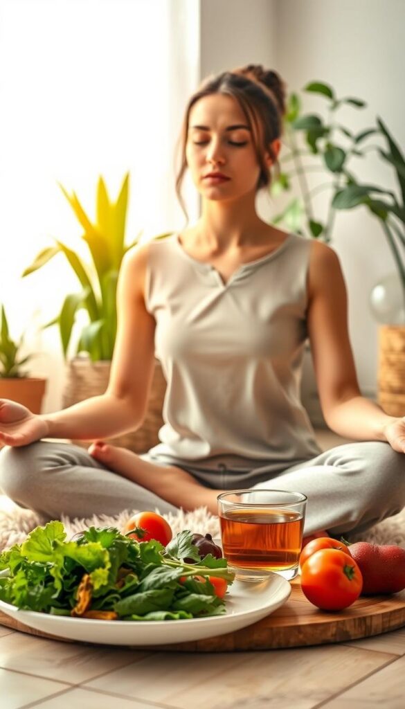 A serene and minimalist scene of a young woman practicing mindful meditation on a plush rug, surrounded by lush indoor plants and bathed in warm, natural lighting. In the foreground, a plate of fresh, vibrant vegetables and a cup of herbal tea convey the essence of clean, nourishing eating. The woman's expression is one of tranquility and focus, suggesting the profound psychological benefits of adopting a clean eating lifestyle. The overall atmosphere is one of balance, harmony, and mental wellbeing.