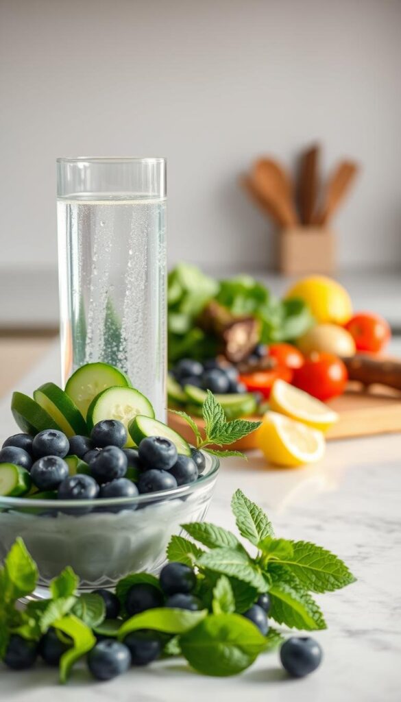 A serene kitchen counter, bathed in soft, natural light, showcases an array of vibrant, hydration-rich ingredients. In the foreground, a tall glass of crystal-clear water sits alongside a bowl of freshly sliced cucumber, radiant with crisp, green hues. Complementing these are a handful of plump, juicy blueberries and a sprig of fragrant mint, their colors and textures creating a harmonious, visually appealing composition. In the middle ground, a cutting board displays a variety of whole, unprocessed foods such as leafy greens, ripe tomatoes, and a wedge of lemon, all waiting to be incorporated into a nourishing, hydration-focused meal. The background subtly fades into a soothing, neutral palette, allowing the vibrant, healthful ingredients to take center stage and inspire a sense of balance, simplicity, and wellness.