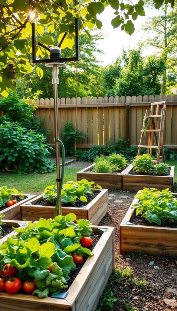 A serene, well-lit backyard showcasing a neatly arranged DIY vegetable garden. In the foreground, neat rows of flourishing vegetables like tomatoes, lettuce, and carrots populate raised garden beds constructed from weathered wood. The middle ground features a small, manually-operated watering system and a few gardening tools propped against a sturdy trellis. In the background, a picturesque wooden fence and lush greenery frame the scene, creating a tranquil, pastoral atmosphere. Warm, natural sunlight filters through the leaves, casting a gentle glow over the entire setup. The composition emphasizes the simplicity and satisfaction of growing your own fresh produce at home. A serene, well-lit backyard showcasing a neatly arranged DIY vegetable garden. In the foreground, neat rows of flourishing vegetables like tomatoes, lettuce, and carrots populate raised garden beds constructed from weathered wood. The middle ground features a small, manually-operated watering system and a few gardening tools propped against a sturdy trellis. In the background, a picturesque wooden fence and lush greenery frame the scene, creating a tranquil, pastoral atmosphere. Warm, natural sunlight filters through the leaves, casting a gentle glow over the entire setup. The composition emphasizes the simplicity and satisfaction of growing your own fresh produce at home.