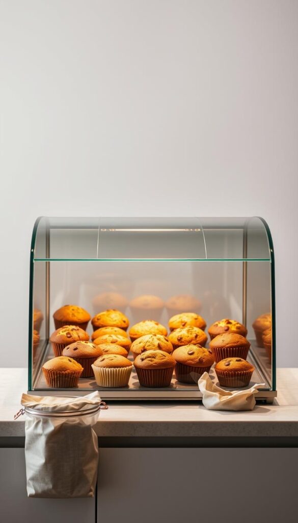 A sleek, minimalist kitchen counter with a prominent glass display case showcasing an assortment of freshly baked vegan muffins. The muffins are arranged in an orderly manner, their vibrant colors and texture visible through the clear glass. Soft, diffused lighting from above casts a warm glow, highlighting the muffins' natural goodness. In the foreground, a few simple storage containers, such as airtight jars or biodegradable bags, sit alongside the display, suggesting practical yet stylish ways to preserve the muffins' freshness. The background features a clean, neutral-toned wall, allowing the muffins to take center stage. The overall scene conveys a sense of culinary expertise, sustainability, and the delightful experience of enjoying these vegan treats. A sleek, minimalist kitchen counter with a prominent glass display case showcasing an assortment of freshly baked vegan muffins. The muffins are arranged in an orderly manner, their vibrant colors and texture visible through the clear glass. Soft, diffused lighting from above casts a warm glow, highlighting the muffins' natural goodness. In the foreground, a few simple storage containers, such as airtight jars or biodegradable bags, sit alongside the display, suggesting practical yet stylish ways to preserve the muffins' freshness. The background features a clean, neutral-toned wall, allowing the muffins to take center stage. The overall scene conveys a sense of culinary expertise, sustainability, and the delightful experience of enjoying these vegan treats.