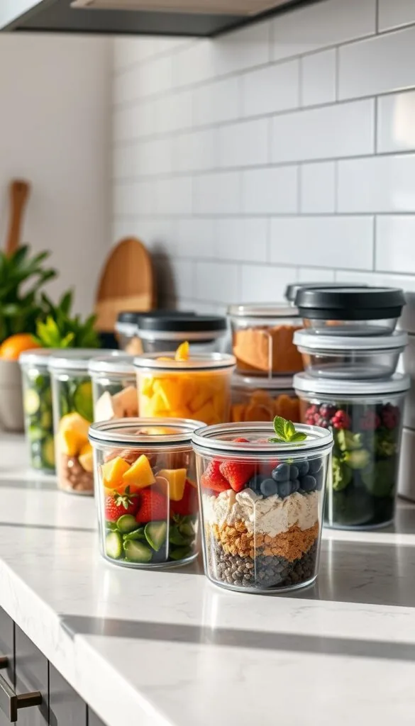 A sleek, modern kitchen counter with a neatly arranged display of smoothie meal prep containers in various sizes and shapes. The containers are made of durable, transparent glass or BPA-free plastic, allowing the vibrant colors of the smoothie ingredients to shine through. In the foreground, a few open containers reveal meticulously layered smoothie ingredients, from fresh fruits and vegetables to protein powders and superfoods. The lighting is soft and natural, casting a warm glow on the scene and highlighting the textures and details of the containers. In the background, a minimalist, white-tiled wall provides a clean, uncluttered backdrop, emphasizing the organizational and practical nature of the smoothie meal prep setup. A sleek, modern kitchen counter with a neatly arranged display of smoothie meal prep containers in various sizes and shapes. The containers are made of durable, transparent glass or BPA-free plastic, allowing the vibrant colors of the smoothie ingredients to shine through. In the foreground, a few open containers reveal meticulously layered smoothie ingredients, from fresh fruits and vegetables to protein powders and superfoods. The lighting is soft and natural, casting a warm glow on the scene and highlighting the textures and details of the containers. In the background, a minimalist, white-tiled wall provides a clean, uncluttered backdrop, emphasizing the organizational and practical nature of the smoothie meal prep setup.