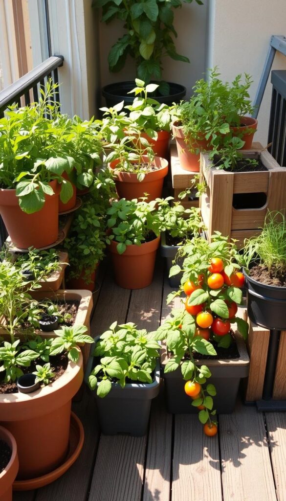 A small balcony or patio filled with a variety of compact vegetable gardening containers, including terra cotta pots, wooden planters, and stackable planters. The containers are overflowing with lush, thriving greens, herbs, and miniature tomato plants, casting soft shadows on the weathered wooden surface beneath. Warm, diffused sunlight filters through the foliage, creating a serene, inviting atmosphere. The arrangement is visually balanced, with the containers grouped in an aesthetically pleasing manner, showcasing the versatility of small-space gardening.