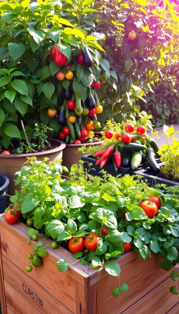 A small container garden overflowing with vibrant, fresh vegetables. In the foreground, a rustic wooden planter box houses a variety of thriving greens, herbs, and tomatoes, bathed in warm, natural lighting. The middle ground features a mix of colorful peppers, zucchini, and eggplants cascading from additional planters. In the background, a lush, verdant backdrop of leafy foliage sets the scene, creating a serene, inviting atmosphere. The overall composition conveys a sense of abundance, productivity, and the joy of cultivating one's own nourishing produce, even in limited urban spaces. A small container garden overflowing with vibrant, fresh vegetables. In the foreground, a rustic wooden planter box houses a variety of thriving greens, herbs, and tomatoes, bathed in warm, natural lighting. The middle ground features a mix of colorful peppers, zucchini, and eggplants cascading from additional planters. In the background, a lush, verdant backdrop of leafy foliage sets the scene, creating a serene, inviting atmosphere. The overall composition conveys a sense of abundance, productivity, and the joy of cultivating one's own nourishing produce, even in limited urban spaces.