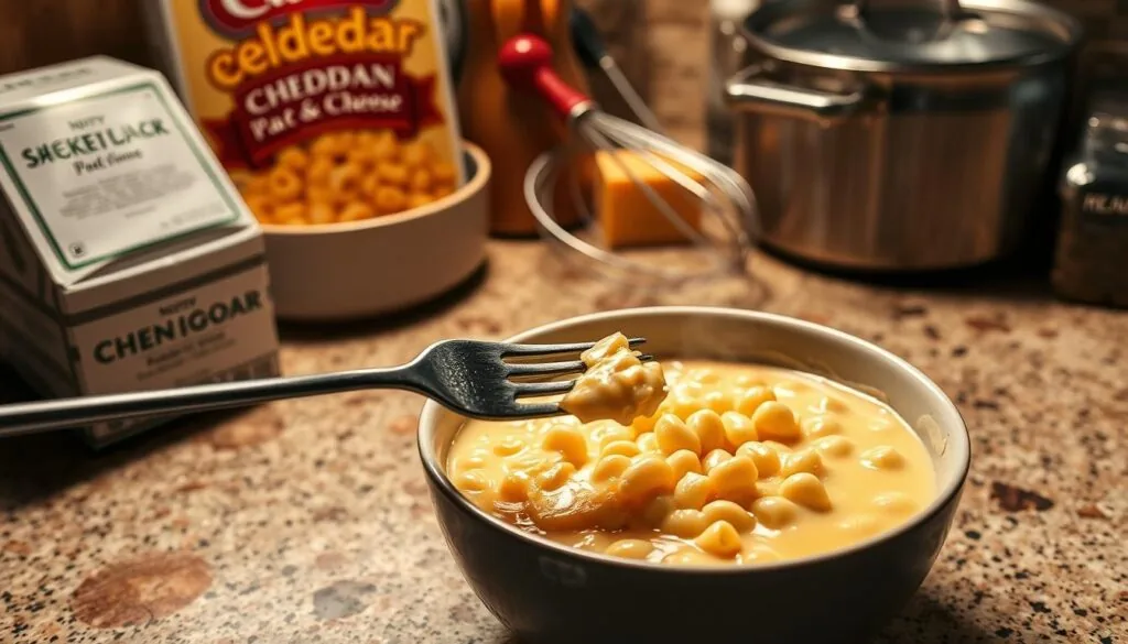 A spotlit kitchen counter, textured with grooves and knicks, holds a steaming bowl of mac and cheese. The cheese sauce glistens, its surface dotted with air bubbles, hinting at potential texture issues. In the foreground, a fork dips in, revealing the interior - a creamy, slightly clumped mixture, not the smooth, velvety consistency desired. Surrounding the bowl, an assortment of ingredients and tools - a box of elbow pasta, a half-used block of cheddar, a whisk, and a pot lid - offer clues to the troubleshooting process. Warm, soft lighting bathes the scene, creating an intimate, problem-solving atmosphere. A spotlit kitchen counter, textured with grooves and knicks, holds a steaming bowl of mac and cheese. The cheese sauce glistens, its surface dotted with air bubbles, hinting at potential texture issues. In the foreground, a fork dips in, revealing the interior - a creamy, slightly clumped mixture, not the smooth, velvety consistency desired. Surrounding the bowl, an assortment of ingredients and tools - a box of elbow pasta, a half-used block of cheddar, a whisk, and a pot lid - offer clues to the troubleshooting process. Warm, soft lighting bathes the scene, creating an intimate, problem-solving atmosphere.