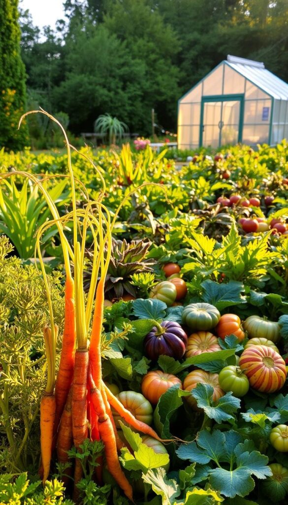 A sprawling, lush garden filled with an assortment of unique and vibrant vegetables. In the foreground, a cluster of vibrant rainbow carrots, their stems reaching up towards the warm, golden sunlight that bathes the scene. In the middle ground, a mix of exotic greens and leafy vegetables, their textures and shapes contrasting beautifully. Nestled amongst them, a handful of peculiar-looking heirloom tomatoes, their colors ranging from deep purple to striped orange. In the background, a small greenhouse casts a soft, diffused light across the verdant scene, creating an atmosphere of tranquility and abundance. The entire composition exudes a sense of freshness, vitality and the joy of cultivating unique, flavorful produce. A sprawling, lush garden filled with an assortment of unique and vibrant vegetables. In the foreground, a cluster of vibrant rainbow carrots, their stems reaching up towards the warm, golden sunlight that bathes the scene. In the middle ground, a mix of exotic greens and leafy vegetables, their textures and shapes contrasting beautifully. Nestled amongst them, a handful of peculiar-looking heirloom tomatoes, their colors ranging from deep purple to striped orange. In the background, a small greenhouse casts a soft, diffused light across the verdant scene, creating an atmosphere of tranquility and abundance. The entire composition exudes a sense of freshness, vitality and the joy of cultivating unique, flavorful produce.