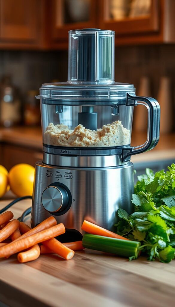 A stainless steel food processor with a sleek, modern design sits on a wood-grain kitchen counter, bathed in soft, warm lighting. Its brushed metal body gleams, and the clear plastic bowl reveals the sharp, stainless steel blades within. The processor's control panel features simple, intuitive buttons and dials, allowing for precise control over speed and pulse functions. The appliance is surrounded by an assortment of fresh, vibrant vegetables - carrots, celery, and cucumber sticks - ready to be transformed into a delicious, homemade hummus. A stainless steel food processor with a sleek, modern design sits on a wood-grain kitchen counter, bathed in soft, warm lighting. Its brushed metal body gleams, and the clear plastic bowl reveals the sharp, stainless steel blades within. The processor's control panel features simple, intuitive buttons and dials, allowing for precise control over speed and pulse functions. The appliance is surrounded by an assortment of fresh, vibrant vegetables - carrots, celery, and cucumber sticks - ready to be transformed into a delicious, homemade hummus.