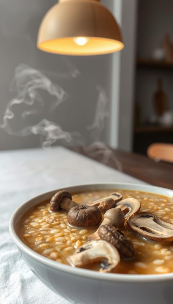 A steaming bowl of mushroom barley soup, the earthy aroma wafting through the air. In the foreground, a selection of freshly foraged mushrooms - porcini, shiitake, and oyster - artfully arranged. The middle ground features a creamy, golden broth speckled with tender barley grains. Soft lighting from an overhead pendant casts a warm glow, highlighting the textural interplay of ingredients. The background is a minimalist kitchen setting, with clean lines and muted tones that allow the soup to take center stage. This cozy, nourishing scene captures the essence of an expert-level mushroom barley soup, ready to inspire and delight the senses.