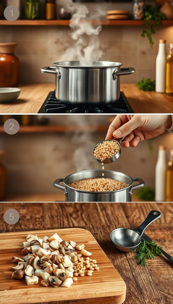 A step-by-step illustration of a homemade mushroom barley soup recipe. In the foreground, a wooden cutting board displays neatly chopped mushrooms, onions, and garlic. Behind it, a large stockpot simmers on a gas stove, steam billowing from the surface. In the middle ground, a chef's hand gently adds pearl barley to the pot, while measuring spoons and a ladle rest nearby. The background features a cozy kitchen setting, with warm lighting and shelves lined with jars and herbs. The composition captures the process of preparing this hearty, comforting soup from start to finish.