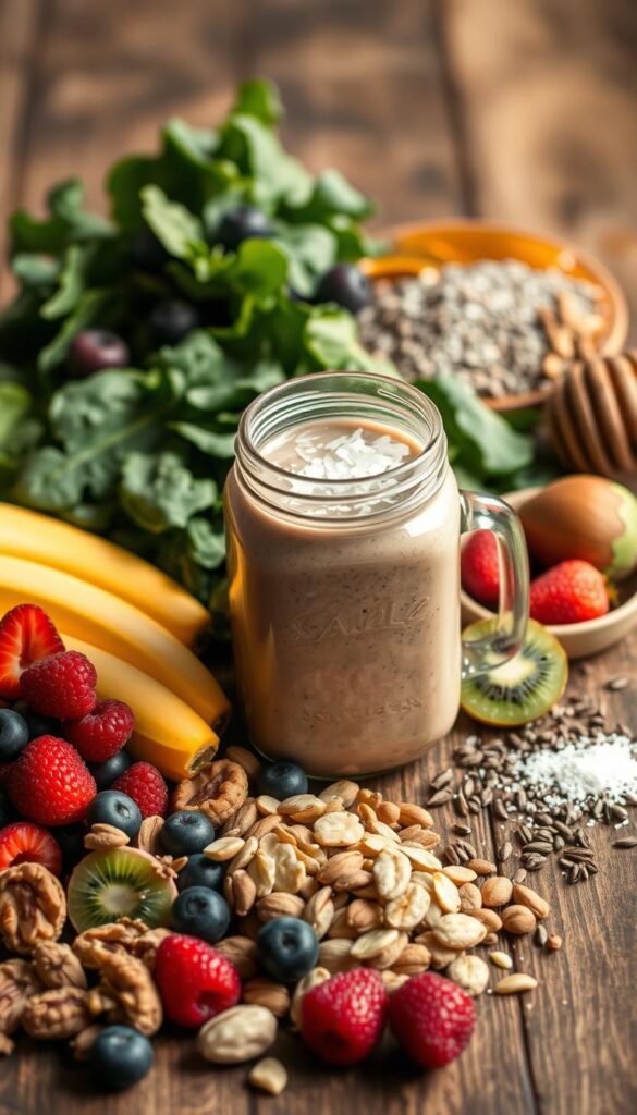 A still life arrangement of vibrant, nutrient-dense smoothie bowl ingredients arranged on a rustic wooden table, bathed in soft, natural lighting. In the foreground, a variety of fresh fruits including sliced bananas, berries, and kiwi, alongside a handful of raw nuts and seeds. In the middle ground, a glass mason jar filled with a creamy, textured smoothie, garnished with coconut flakes. In the background, leafy greens such as spinach and kale, complemented by a sprinkling of chia seeds and a drizzle of honey. The overall mood is fresh, wholesome, and inviting, conveying the essential building blocks of a balanced, protein-packed smoothie bowl.