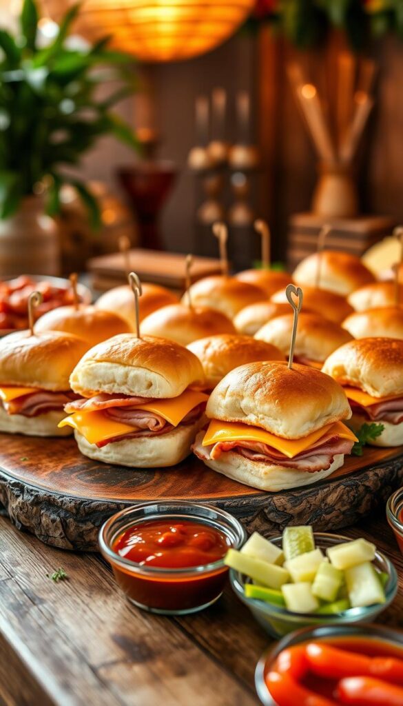A stylish and inviting party presentation featuring a delectable BBQ ham and cheese slider display. In the foreground, a rustic wooden board holds an array of sliders, their toasted brioche buns glistening with a light brushing of butter. Nestled between the soft, pillowy buns are thick slices of juicy BBQ ham and melted cheddar cheese, creating a mouthwatering centerpiece. In the middle ground, a selection of vibrant garnishes and condiments, such as tangy pickles, crisp lettuce, and zesty BBQ sauce, are arranged in small bowls, inviting guests to customize their sliders. The background is bathed in warm, ambient lighting, casting a cozy and celebratory atmosphere, with hints of lush greenery and wooden accents adding to the rustic, homey vibe.