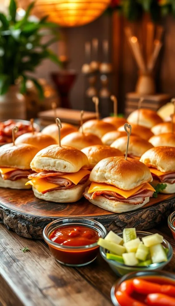 A stylish and inviting party presentation featuring a delectable BBQ ham and cheese slider display. In the foreground, a rustic wooden board holds an array of sliders, their toasted brioche buns glistening with a light brushing of butter. Nestled between the soft, pillowy buns are thick slices of juicy BBQ ham and melted cheddar cheese, creating a mouthwatering centerpiece. In the middle ground, a selection of vibrant garnishes and condiments, such as tangy pickles, crisp lettuce, and zesty BBQ sauce, are arranged in small bowls, inviting guests to customize their sliders. The background is bathed in warm, ambient lighting, casting a cozy and celebratory atmosphere, with hints of lush greenery and wooden accents adding to the rustic, homey vibe.