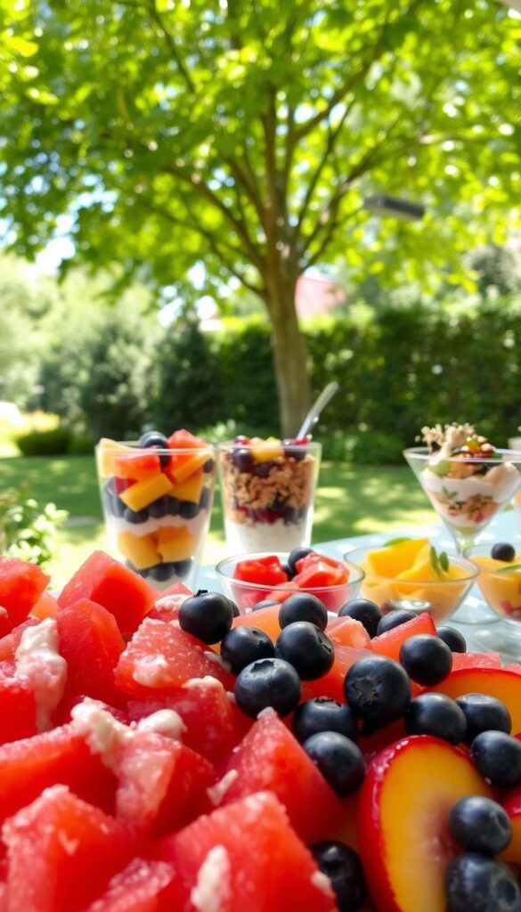 A sumptuous display of chilled, vibrant dessert salads against a backdrop of a sun-dappled garden. In the foreground, an array of seasonal fruits - juicy watermelon cubes, plump blueberries, and sliced peaches - tossed in a light, creamy dressing. The middle ground features a variety of colorful, bite-sized servings - a layered parfait with alternating layers of granola and tangy berry compote, and a refreshing mango-coconut salad in individual glass dishes. In the distance, a lush, verdant canopy of leafy trees casts gentle shadows, creating a serene, al fresco ambiance. Crisp, even lighting from an overhead source highlights the textures and vibrant hues of the delectable summer desserts. A sumptuous display of chilled, vibrant dessert salads against a backdrop of a sun-dappled garden. In the foreground, an array of seasonal fruits - juicy watermelon cubes, plump blueberries, and sliced peaches - tossed in a light, creamy dressing. The middle ground features a variety of colorful, bite-sized servings - a layered parfait with alternating layers of granola and tangy berry compote, and a refreshing mango-coconut salad in individual glass dishes. In the distance, a lush, verdant canopy of leafy trees casts gentle shadows, creating a serene, al fresco ambiance. Crisp, even lighting from an overhead source highlights the textures and vibrant hues of the delectable summer desserts.