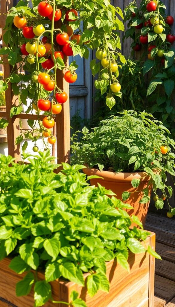 A sun-dappled container garden, overflowing with thriving vegetables. In the foreground, a wooden planter box brimming with lush leafy greens, their vibrant colors dancing in the warm, golden light. Trailing vines of tomatoes cling to sturdy trellises, their ripe fruit catching the sun's gentle embrace. In the middle ground, a terracotta pot harbors a flourishing herb garden, its aromatic leaves gently swaying. The background features a colorful mix of peppers, beans, and squash, their leaves casting playful shadows on the weathered wooden surfaces. The overall scene exudes a serene, bountiful atmosphere, inviting the viewer to imagine the nourishing harvest to come. A sun-dappled container garden, overflowing with thriving vegetables. In the foreground, a wooden planter box brimming with lush leafy greens, their vibrant colors dancing in the warm, golden light. Trailing vines of tomatoes cling to sturdy trellises, their ripe fruit catching the sun's gentle embrace. In the middle ground, a terracotta pot harbors a flourishing herb garden, its aromatic leaves gently swaying. The background features a colorful mix of peppers, beans, and squash, their leaves casting playful shadows on the weathered wooden surfaces. The overall scene exudes a serene, bountiful atmosphere, inviting the viewer to imagine the nourishing harvest to come.