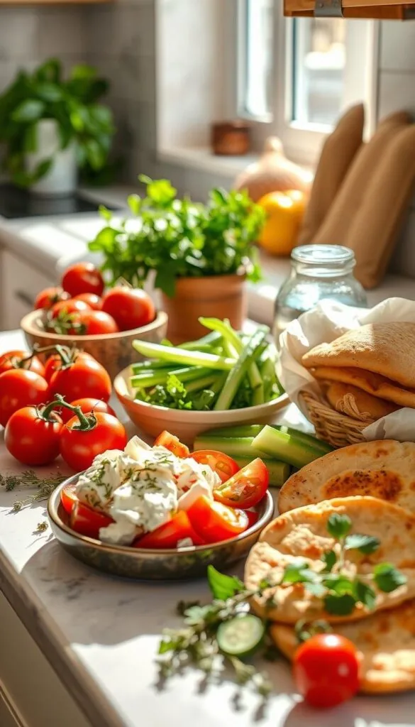 A sun-drenched Mediterranean kitchen counter, adorned with a vibrant assortment of fresh ingredients - ripe tomatoes, crisp cucumbers, tangy feta, fragrant herbs, and warm pita bread. A delicate balance of colors and textures, inviting the viewer to indulge in a simple yet satisfying breakfast. Soft, natural lighting filters through the window, casting a warm glow on the scene. The composition is carefully arranged, with each element carefully placed to create a visually appealing and appetizing tableau. The overall mood is one of simplicity, freshness, and the joy of Mediterranean-style dining.