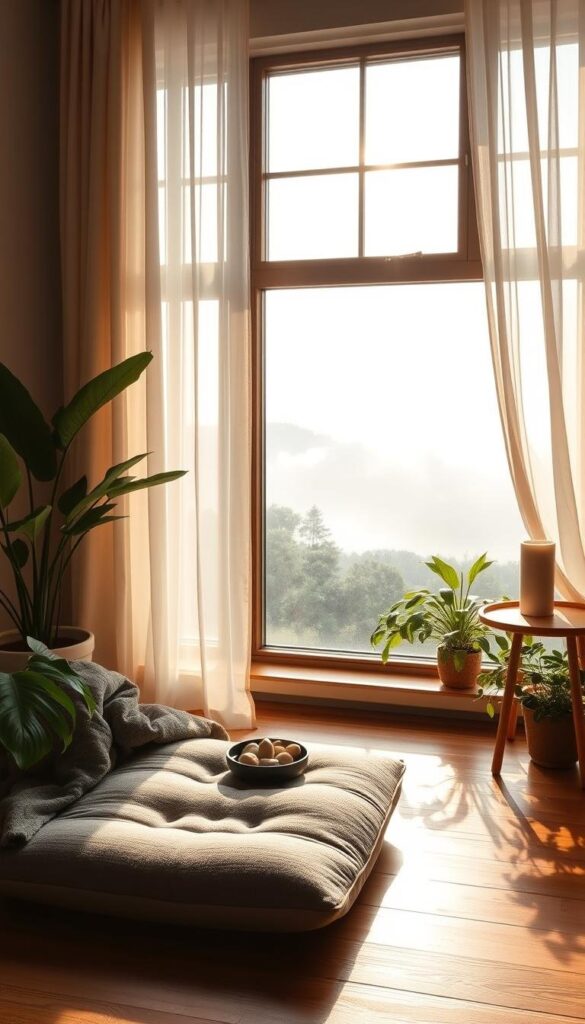 A sun-drenched meditation space with warm, natural lighting filtering through sheer curtains. A plush, gray meditation cushion sits on a hardwood floor, surrounded by lush, potted plants and a cozy throw blanket. In the background, a large window frames a tranquil, misty landscape, creating a serene, calming atmosphere. A simple, wooden side table holds a candle, a small bowl of river stones, and a journal, inviting introspection and mindfulness. The overall scene exudes a sense of peace, simplicity, and intention, perfectly capturing the essence of a morning meditation practice.