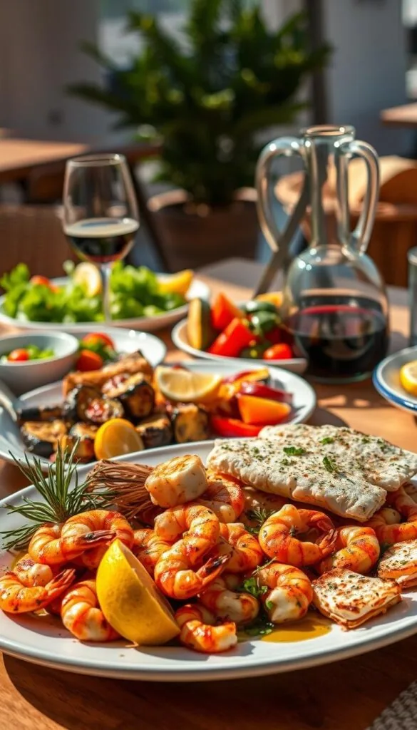 A sun-drenched table set with a vibrant Mediterranean feast - fresh salads, grilled seafood, fragrant herbs, and bold flavors. In the foreground, a platter of sizzling grilled shrimp and flaky white fish, garnished with lemon wedges and sprigs of rosemary. In the middle ground, a colorful display of roasted vegetables - eggplant, zucchini, and red peppers, drizzled with olive oil. In the background, a glass carafe of rich red wine and a basket of crusty bread, inviting diners to indulge in this healthy, al fresco dining experience. Warm, golden lighting casts a welcoming glow, evoking the relaxed, convivial atmosphere of a Mediterranean seaside cafe.