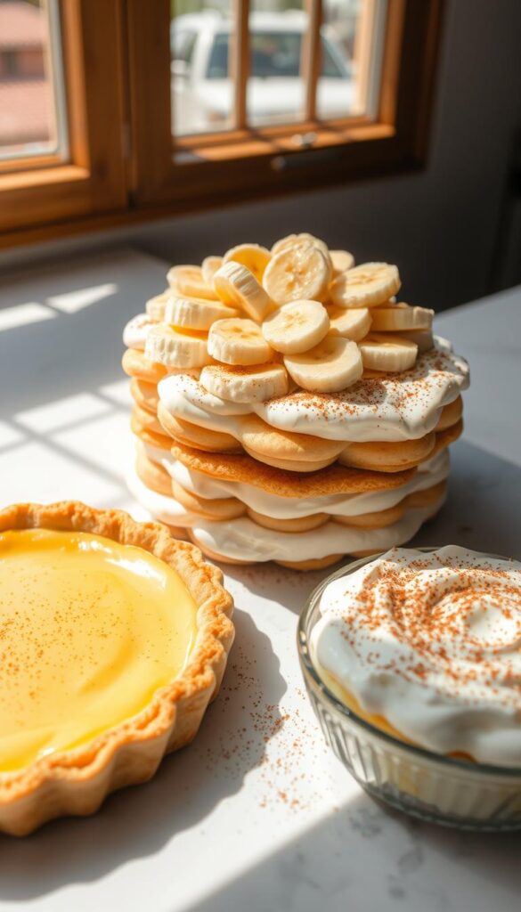 A sun-lit kitchen counter, freshly baked pie crust nestled at the center. Beside it, layers of silky-smooth banana custard and pillowy whipped cream, each meticulously stacked and smoothed. The custard's golden hue contrasts beautifully with the creamy white topping. Sliced bananas fan out atop the layers, their natural sweetness complementing the rich fillings. A dusting of ground cinnamon adds depth and warmth to the scene. The composition is balanced, the lighting soft and even, capturing the care and craftsmanship involved in assembling this decadent dessert.