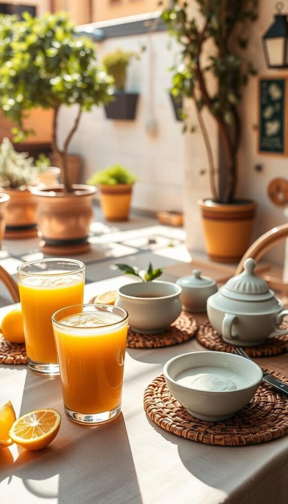 A sunlit Mediterranean cafe scene with a table set for a healthy breakfast. In the foreground, an array of traditional Mediterranean breakfast beverages - freshly squeezed orange juice, creamy Greek yogurt with honey, and aromatic herbal teas in delicate porcelain cups. The middle ground features a rustic wooden table with a crisp linen tablecloth, accented by woven placemats and serveware. In the background, glimpses of a sun-dappled outdoor terrace with potted olive trees and trailing vines. The lighting is soft and warm, creating a cozy, inviting atmosphere. The overall scene evokes the vibrant, health-conscious spirit of the Mediterranean lifestyle.