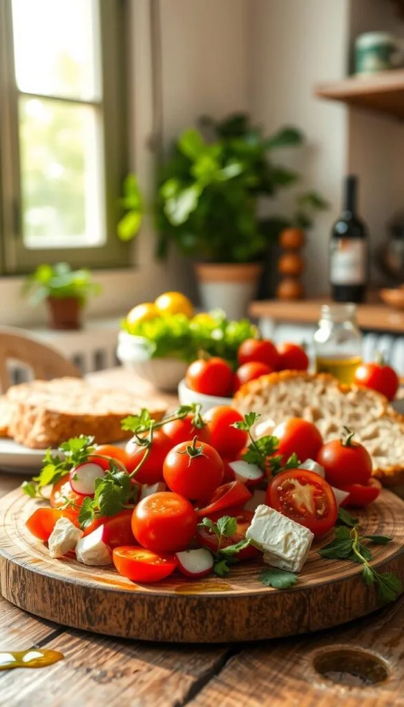 A sunlit Mediterranean kitchen with a rustic wooden table, adorned with a vibrant array of fresh ingredients - ripe tomatoes, crunchy radishes, fragrant herbs, creamy feta, crusty bread, and a drizzle of rich olive oil. The scene is illuminated by soft natural light filtering through a large window, casting a warm glow over the scene. In the foreground, a simple yet elegant breakfast spread takes center stage, inviting the viewer to savor the flavors of a quick, healthy Mediterranean-inspired meal. The overall mood is one of simplicity, freshness, and the joy of uncomplicated, nourishing fare.