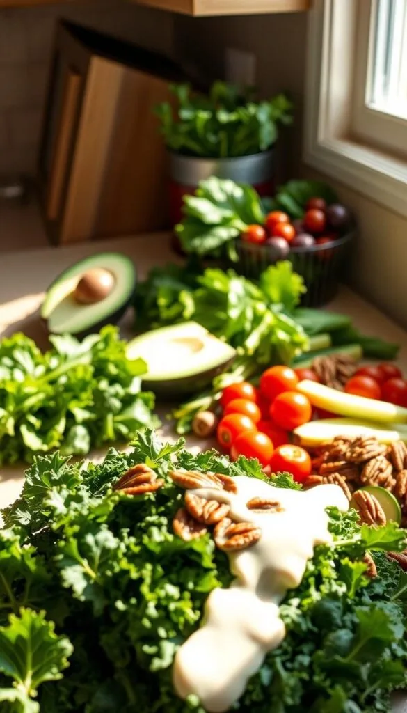A sunlit kitchen counter, bathed in warm natural light, holds an array of keto-friendly salad ingredients. In the foreground, a variety of fresh greens - crisp kale, vibrant spinach, and tender romaine - await assembly. Surrounding them, an assortment of nutrient-dense toppings: sliced avocado, juicy cherry tomatoes, crunchy cucumber spears, and a sprinkle of toasted pecans. A drizzle of creamy, low-carb dressing completes the scene, hinting at the flavorful and satisfying keto salad to come. The overall atmosphere is one of health, freshness, and culinary potential.