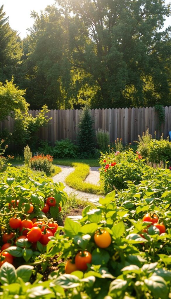 A sunlit vegetable garden nestled in a lush, verdant backyard. In the foreground, neatly arranged rows of thriving produce - tomatoes, leafy greens, and vibrant bell peppers. In the middle ground, a meandering garden path lined with fragrant herbs and flowers, inviting exploration. The background features a picturesque wooden fence, partially obscured by towering trees that filter the warm, golden sunlight. The scene radiates a sense of tranquility and abundance, presenting the ideal location for a bountiful, effortless vegetable garden. A sunlit vegetable garden nestled in a lush, verdant backyard. In the foreground, neatly arranged rows of thriving produce - tomatoes, leafy greens, and vibrant bell peppers. In the middle ground, a meandering garden path lined with fragrant herbs and flowers, inviting exploration. The background features a picturesque wooden fence, partially obscured by towering trees that filter the warm, golden sunlight. The scene radiates a sense of tranquility and abundance, presenting the ideal location for a bountiful, effortless vegetable garden.