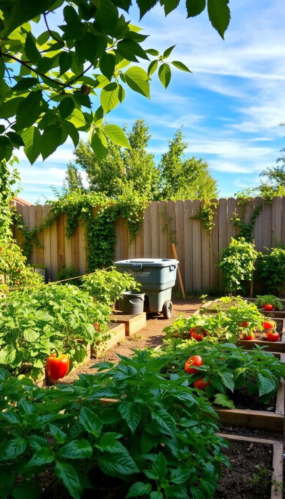 A sunny backyard with lush, verdant foliage and a well-tended vegetable garden in the foreground. The garden beds are neatly organized, with rows of thriving tomato plants, leafy greens, and vibrant bell peppers. In the middle ground, a compost bin and gardening tools are positioned nearby, hinting at the careful maintenance required. The background showcases a wooden fence, partially obscured by climbing vines, and beyond that, a glimpse of a serene, blue sky with wispy clouds. Soft, natural lighting casts a warm glow over the entire scene, creating an inviting and tranquil atmosphere.
