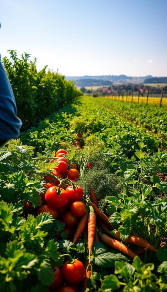 A tranquil vegetable garden lush with thriving plants, the foreground showcasing a person in casual attire gently harvesting an array of fresh produce - leafy greens, plump tomatoes, crisp carrots, and vibrant peppers. Soft natural light filters through verdant foliage, casting a warm, inviting glow. The middle ground reveals neat rows of nourishing crops, while the background depicts a picturesque rural landscape with rolling hills and a cloudless azure sky. This scene exudes a sense of satisfaction, abundance, and the rewarding connection between the cultivator and the land.