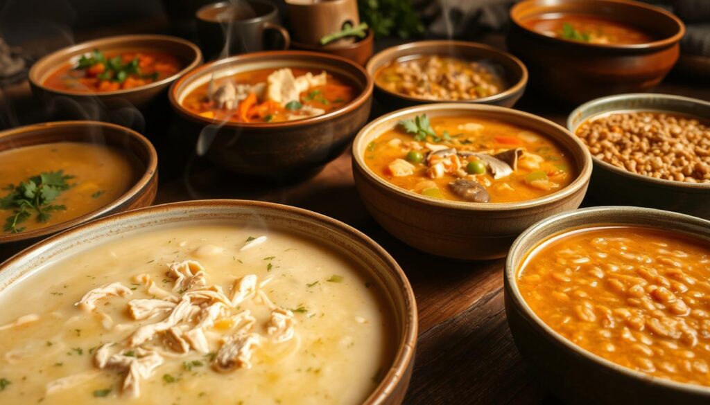 A variety of aromatic soups simmering on a rustic wooden table, their steamy tendrils swirling under warm, soft lighting. In the foreground, a creamy white bean and chicken soup, its surface dotted with tender shredded meat and fragrant herbs. Surrounding it, an array of contrasting textures and flavors - a hearty tomato-based minestrone, a vibrant vegetable-packed broth, a rich and velvety mushroom bisque, and a comforting lentil and barley stew. Each soup presented in elegantly simple ceramic bowls, their subtle variations in color and consistency creating a visually stunning display. The overall scene conveys a sense of cozy, homemade comfort and culinary creativity.