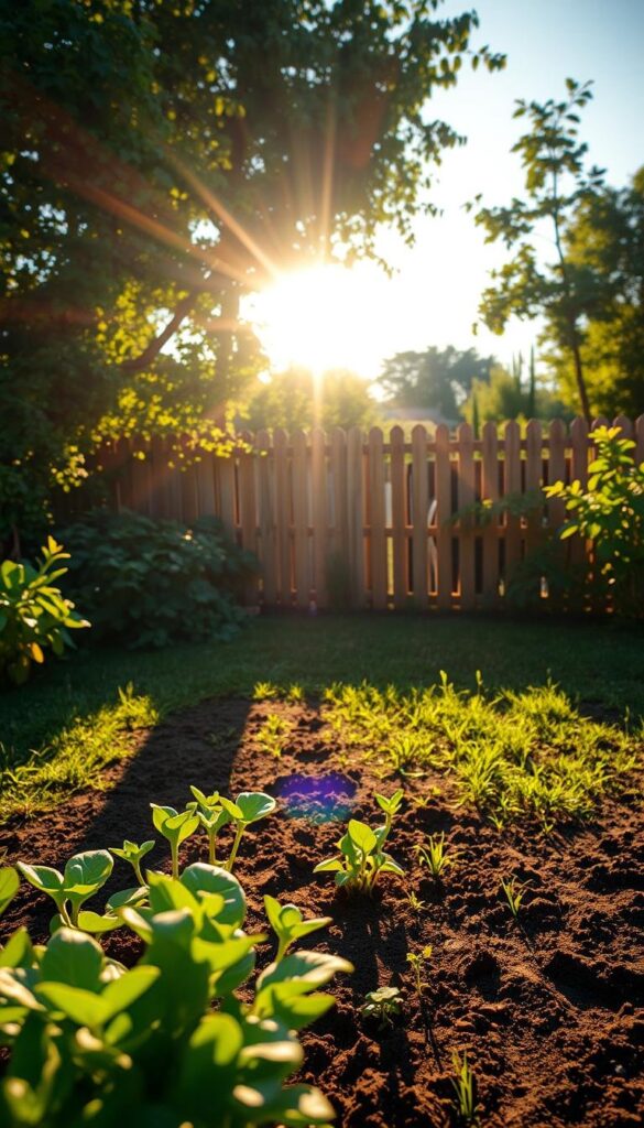 A verdant backyard set against the glow of a warm afternoon sun. In the foreground, a gardener examines the soil, pondering the ideal location for a thriving veggie patch. Lush greenery and a picturesque wooden fence frame the scene, creating a sense of tranquility. The camera angle is slightly elevated, capturing the gardener's thoughtful pose and the pristine, well-drained earth waiting to be cultivated. Soft shadows dance across the ground, hinting at the gentle breeze. This serene setting invites the viewer to envision the bountiful harvest to come, the perfect backdrop for an article on easy DIY veggie gardening.