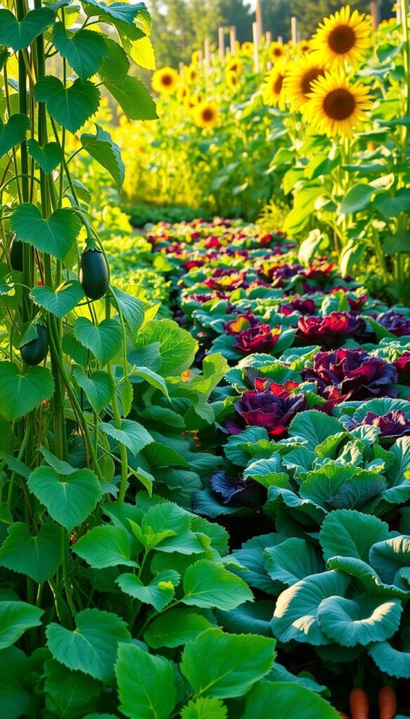 A verdant vegetable garden in golden afternoon light, with companion plants thriving in harmonious clusters. In the foreground, trailing vines of squash and beans intertwine, their leaves casting delicate shadows. The middle ground features rows of vibrant lettuces, kales, and carrots, their colors and textures complementing each other. In the background, tall sunflowers sway gently, their sunny faces drawing pollinators to the lush scene. The composition is balanced and natural, capturing the essence of a well-designed, mutually beneficial planting system. A 50mm lens captures the scene with a shallow depth of field, drawing the viewer's eye to the intricately woven tapestry of this thriving, symbiotic vegetable garden.