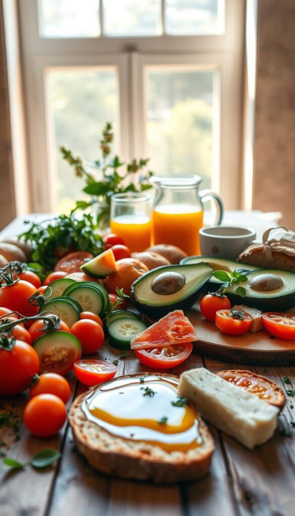 A vibrant Mediterranean breakfast still life, bathed in warm, natural light from a wide window. In the foreground, a rustic wooden table holds a variety of heart-healthy ingredients: juicy tomatoes, crisp cucumber slices, creamy avocado, and a drizzle of rich olive oil. Scattered around are whole-grain toasted bread, a wedge of tangy feta cheese, and a sprinkling of fragrant herbs. In the middle ground, a carafe of freshly squeezed orange juice and a mug of robust, aromatic coffee create a inviting, nourishing scene. The background features soft, neutral tones, allowing the vibrant colors and textures of the fresh produce to take center stage.