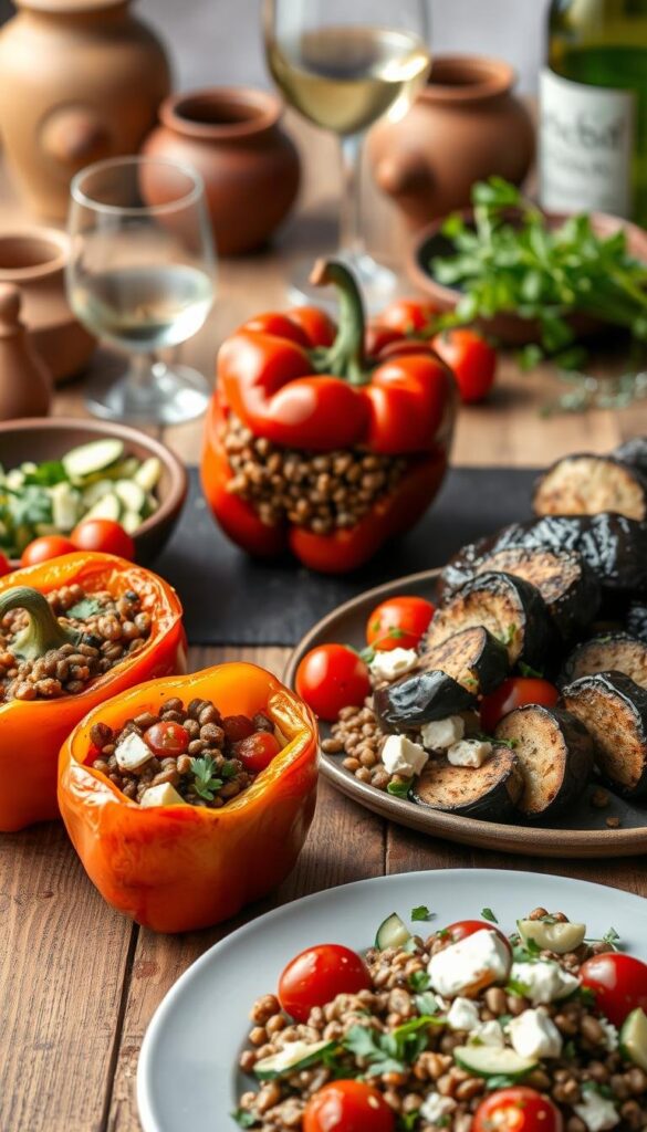 A vibrant Mediterranean dinner scene: In the foreground, two plump, roasted bell peppers are stuffed with a savory blend of lentils, tomatoes, and aromatic herbs. Nestled beside them, a fresh lentil salad bursts with the flavors of cucumber, feta, and a zesty lemon vinaigrette. The middle ground showcases an array of colorful vegetables - eggplant, zucchini, and cherry tomatoes - grilled to perfection and drizzled with olive oil. In the background, a rustic wooden table is set with earthy ceramics, a glass of crisp white wine, and a scattering of fresh herbs. Soft, natural lighting casts a warm, inviting glow over the entire scene, capturing the essence of a wholesome, vegetarian Mediterranean dinner. A vibrant Mediterranean dinner scene: In the foreground, two plump, roasted bell peppers are stuffed with a savory blend of lentils, tomatoes, and aromatic herbs. Nestled beside them, a fresh lentil salad bursts with the flavors of cucumber, feta, and a zesty lemon vinaigrette. The middle ground showcases an array of colorful vegetables - eggplant, zucchini, and cherry tomatoes - grilled to perfection and drizzled with olive oil. In the background, a rustic wooden table is set with earthy ceramics, a glass of crisp white wine, and a scattering of fresh herbs. Soft, natural lighting casts a warm, inviting glow over the entire scene, capturing the essence of a wholesome, vegetarian Mediterranean dinner.
